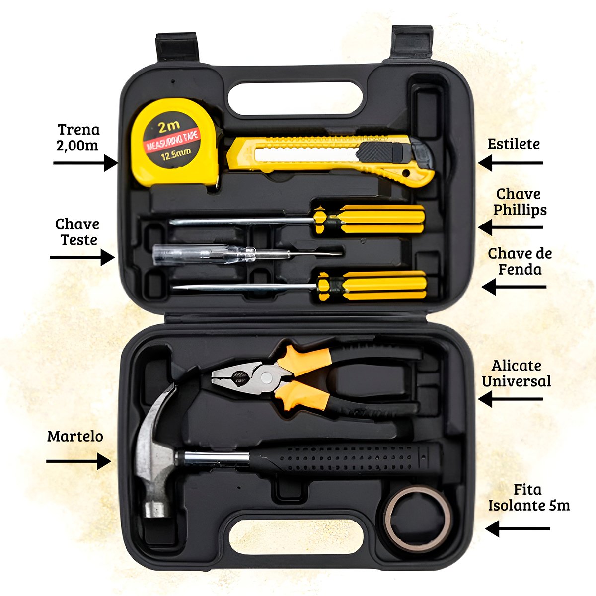 Maleta Ferramentas 8 Peças Martelo Chave Estilete Trena - Imagem 2